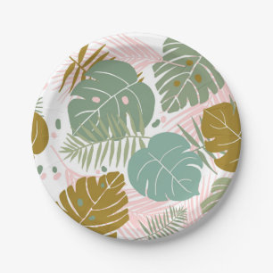 Tropical Foliage - Monstera And Palm Leaf Pattern Paper Plate