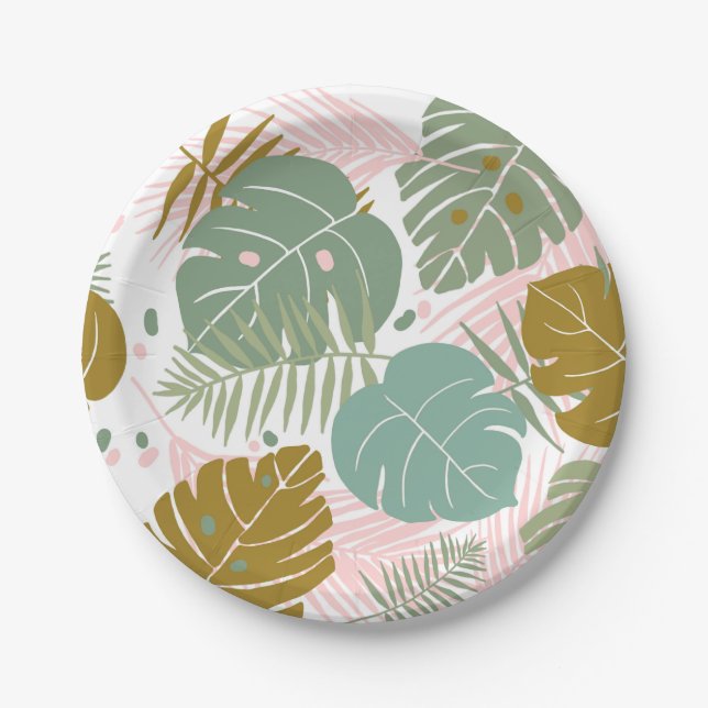 Tropical Foliage - Monstera And Palm Leaf Pattern Paper Plate (Front)