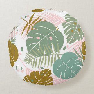 Tropical Foliage - Monstera And Palm Leaf Pattern Round Cushion