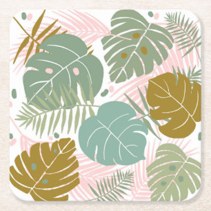 Tropical Foliage - Monstera And Palm Leaf Pattern Square Paper Coaster