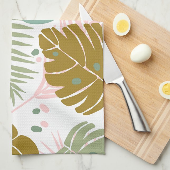 Tropical Foliage - Monstera And Palm Leaf Pattern Tea Towel (Quarter Fold)