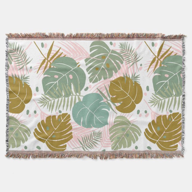 Tropical Foliage - Monstera And Palm Leaf Pattern Throw Blanket (Front)