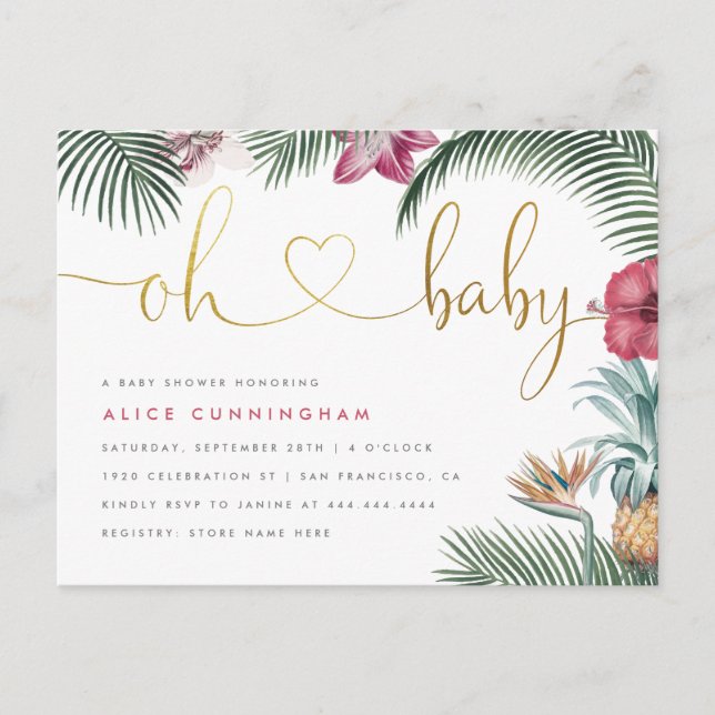 Tropical Foliage Oh Baby Gold Script Baby Shower Invitation Postcard (Front)