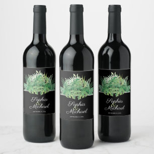 Tropical Foliage on Black Wedding Wine Label