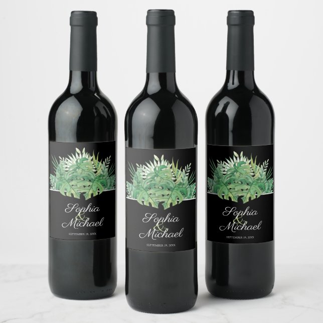 Tropical Foliage on Black Wedding Wine Label (Bottles)
