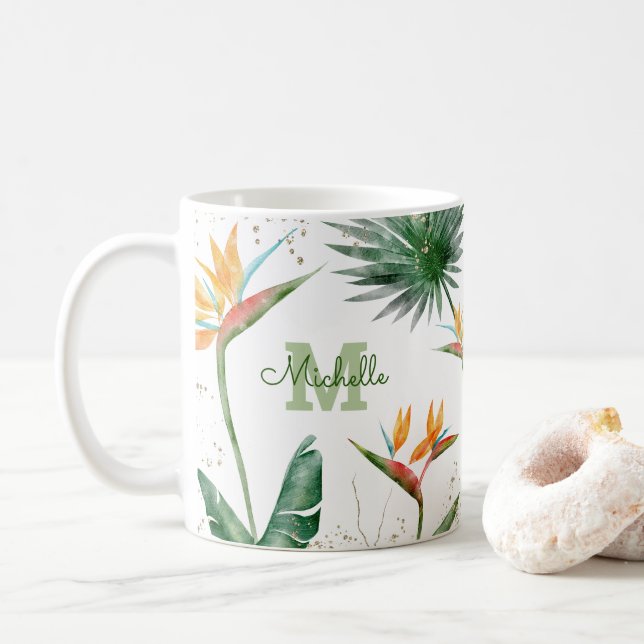 Tropical Foliage Palm Floral Monogram Script Gold Coffee Mug (With Donut)
