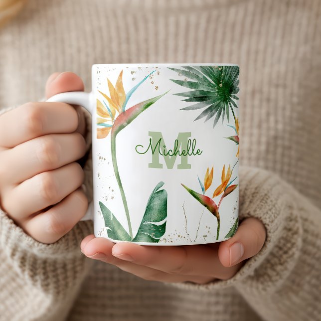 Tropical Foliage Palm Floral Monogram Script Gold Coffee Mug (Creator Uploaded)