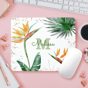 Tropical Foliage Palm Floral Monogram Script Gold Mouse Mat