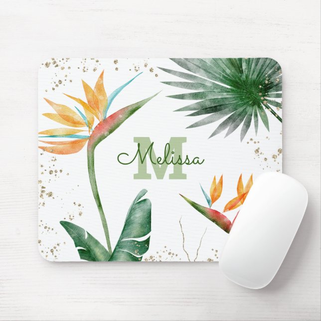 Tropical Foliage Palm Gold Floral Monogram Script Mouse Mat (With Mouse)