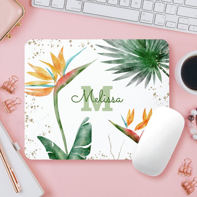 Tropical Foliage Palm Gold Floral Monogram Script Mouse Mat (Creator Uploaded)
