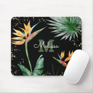 Tropical Foliage Palm Monogram Script Gold Black Mouse Mat
