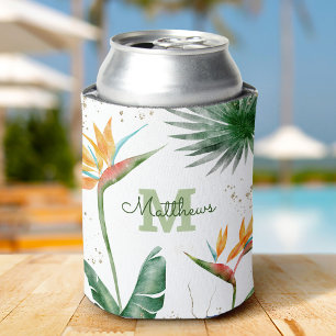 Tropical Foliage Palm Monogram Script Gold White Can Cooler
