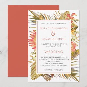 Tropical Foliage Pampas Coral Florals Wedding Invitation