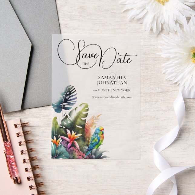 Tropical foliage parrot lush jungle flowers vellum invitations (Wedding)