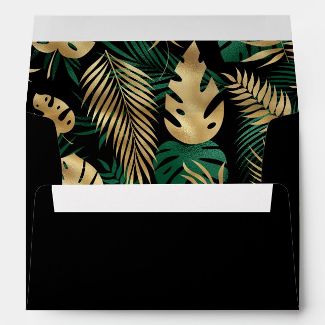 Tropical Foliage Pattern Black Green Gold Envelope (Back (Bottom))
