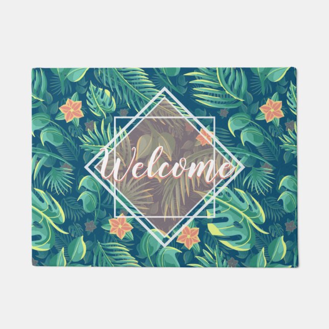 Tropical Foliage Pattern Personalised Welcome Doormat (Front)