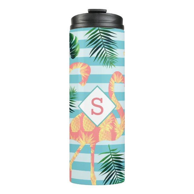 Tropical Foliage & Pineapple Flamingos | Monogram Thermal Tumbler (Front)