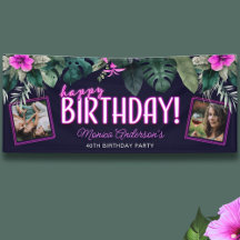 Tropical Foliage Pink Neon Happy Birthday Photo
