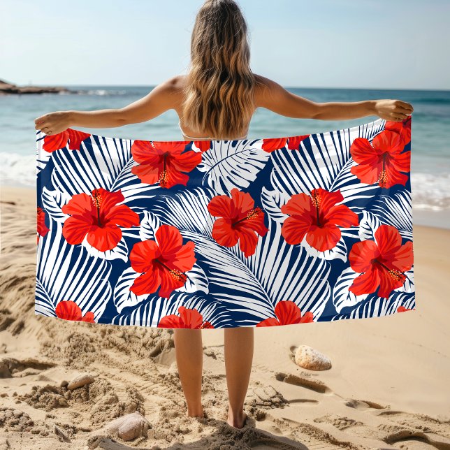 Tropical Foliage Red Floral Hibiscus Beach Towel (Creator Uploaded)