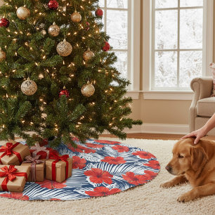 Tropical Foliage Red Floral Hibiscus Christmas Brushed Polyester Tree Skirt