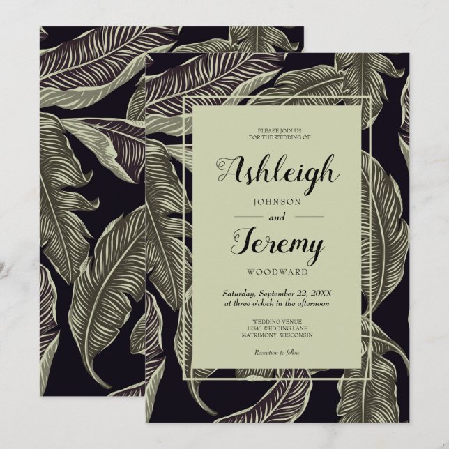 Tropical Foliage Sage Green Black Script Wedding Invitation (Front/Back)