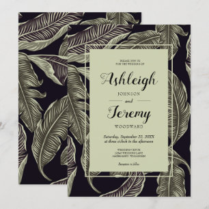Tropical Foliage Sage Green Black Script Wedding Invitation