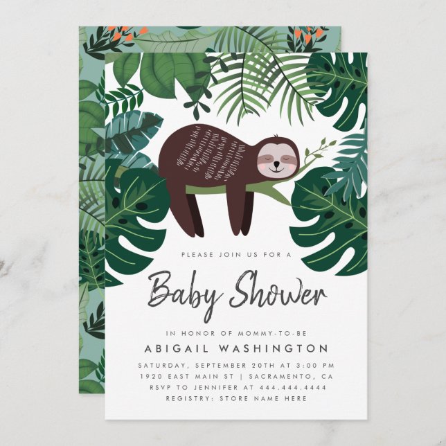 Tropical Foliage Sleeping Sloth Baby Shower Invitation (Front/Back)