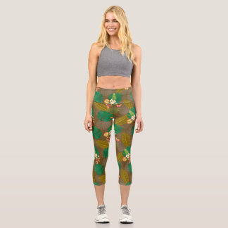 Tropical Foliage Summer Brown Capri Leggings