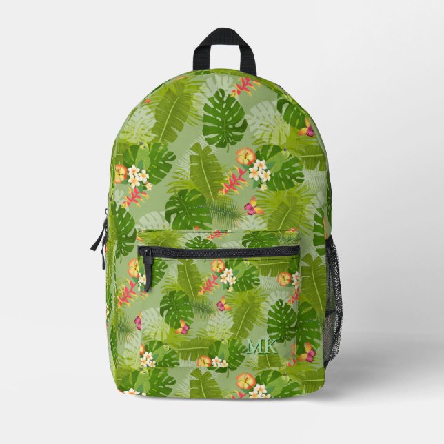Tropical Foliage Summer Green Printed Backpack (Front)