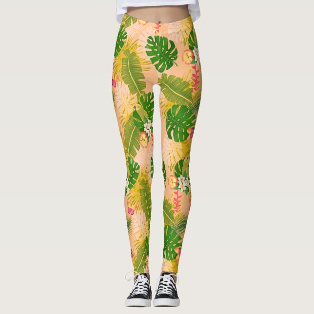 Tropical Foliage Summer Orange Leggings (Front)
