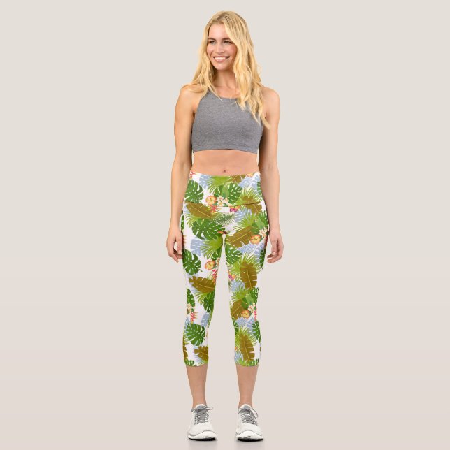Tropical Foliage Summer White Capri Leggings (Front)