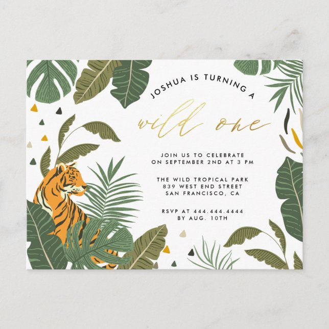 Tropical Foliage Tiger Gold Wild One Birthday Invitation Postcard (Front)