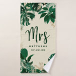Tropical Foliage Trendy Greenery Wedding Mrs Bath Towel<br><div class="desc">Tropical Foliage Trendy Greenery and Gold Leaves Personalised Mr. and Mrs. Last Name Towels - Trendy Marker Brushed Script Lettering. A fun keepsake for the honeymoon for the newlyweds! In a bold colour palette of rich greens, emerald, and gold foil look. This design is perfect for a beach, destination, or...</div>