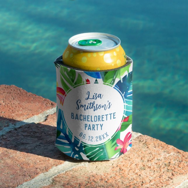    Tropical Foliage Watercolor Custom Bachelorette Can Cooler (In Situ Pool)