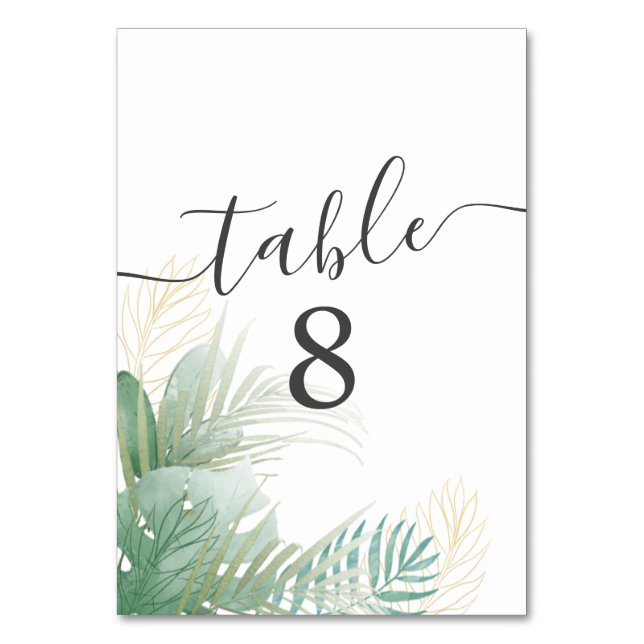 Tropical Foliage Watercolor Green Wedding Table Number (Back)