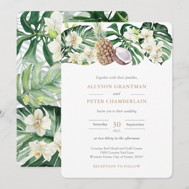 Tropical Foliage Watercolor Leaves Orchids Wedding Invitation (Front/Back)