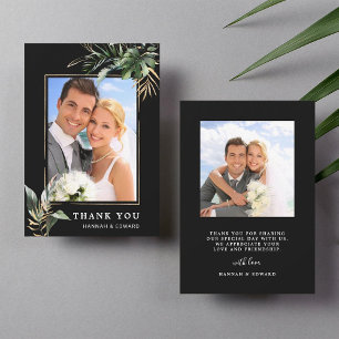 Tropical Foliage Wedding Black Photo Thank You Card