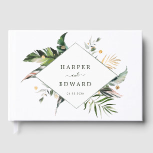Tropical Foliage Wedding Green & Gold Guest Book