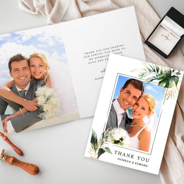 Tropical Foliage Wedding Photo Gold Thank You Card (Front & Inside)