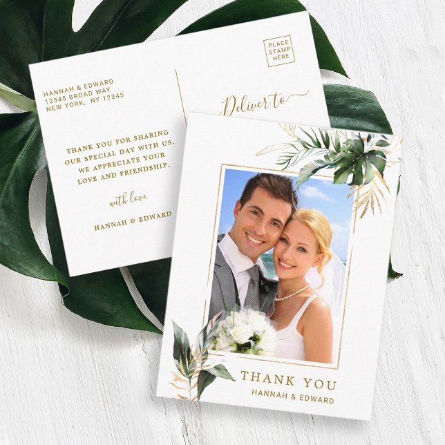 Tropical Foliage Wedding Photo Gold Thank You Postcard (Front & Back)