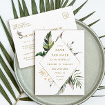 Tropical Foliage Wedding Save the Date Gold Announcement Postcard<br><div class="desc">This wedding save the date postcard features watercolor green tropical foliage,  palm tree leaves,  banana leaves with a gold diamond shape frame.  It's perfect for a beach or destination wedding.  >>> Check out the entire collection >>> https://www.zazzle.com/collections/tropical_foliage_gold_collection-119316977990783186</div>