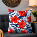 Tropical Foliage With Red Floral Hibiscus Cushion<br><div class="desc">This design features white tropical foliage on a navy blue background with bright red hibiscus flowers.
#tropical #floral #flowers #hibiscus #elegant #stylish #feminine #home #decor #beach #botanical #cushions</div>