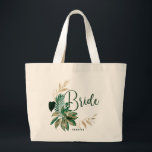 Tropical Foliage Wreath Greenery Gold Bride Large Tote Bag<br><div class="desc">Tropical Foliage Trendy Greenery and Gold Wreath Personalised Bride Tote Bags - with tropical leaf wreath. A fun idea to hold all the wedding needs for the bride, in a bold colour palette of rich greens, emerald, and gold. This design is perfect for a beach, destination, or summer wedding. With...</div>