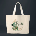 Tropical Foliage Wreath Greenery Gold Bride Large Tote Bag<br><div class="desc">Tropical Foliage Trendy Greenery and Gold Wreath Personalised Bride Tote Bags - with tropical leaf wreath. A fun idea to hold all the wedding needs for the bride, in a bold colour palette of rich greens, emerald, and gold. This design is perfect for a beach, destination, or summer wedding. With...</div>