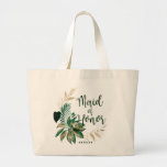 Tropical Foliage Wreath with Gold Maid of Honour Large Tote Bag<br><div class="desc">Tropical Foliage Trendy Greenery and Gold Wreath Personalised Maid of Honour Tote Bags - with tropical leaf wreath. A fun bridal party gift idea, or to hold all the wedding swag for your Maids, in a bold colour palette of rich greens, emerald, and gold. This design is perfect for a...</div>