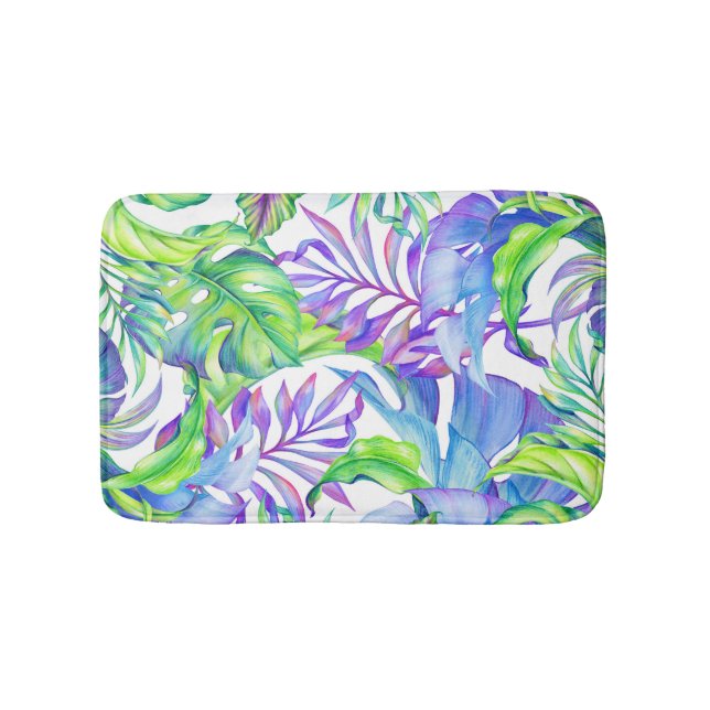 Tropical Foliage Yellow Pink Green Blue Lavender Bath Mat (Front)