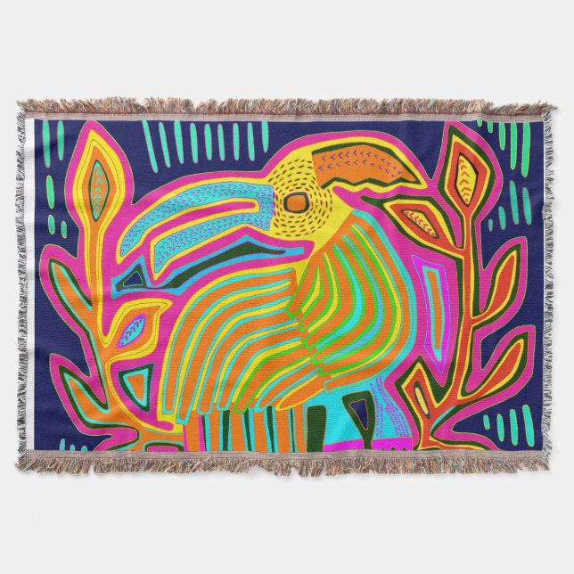 Tropical Folk Art Parrot Throw Blanket (Front)