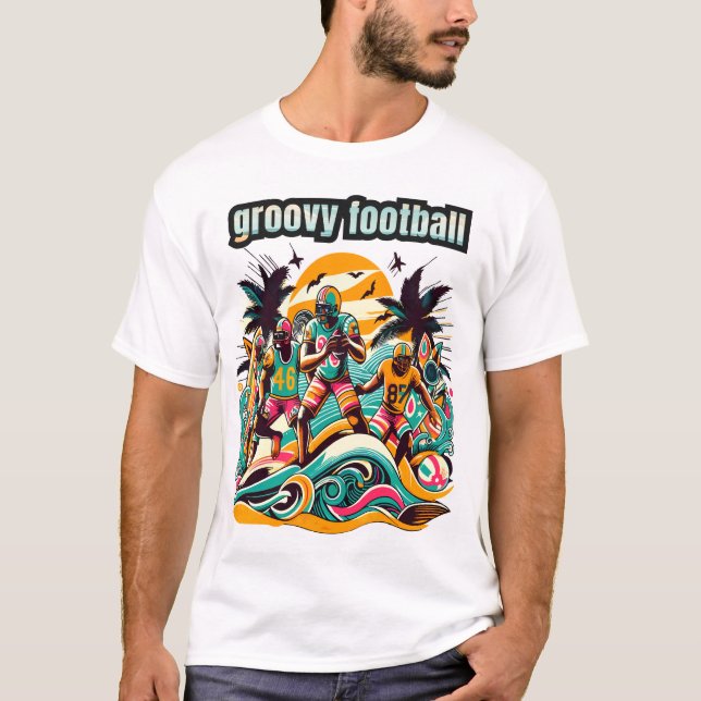 Tropical Football Art: 70s-Inspired Groovy Beach  T-Shirt (Front)
