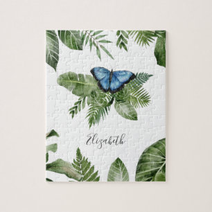 Tropical Forest Blue Butterfly Personalised Name Jigsaw Puzzle