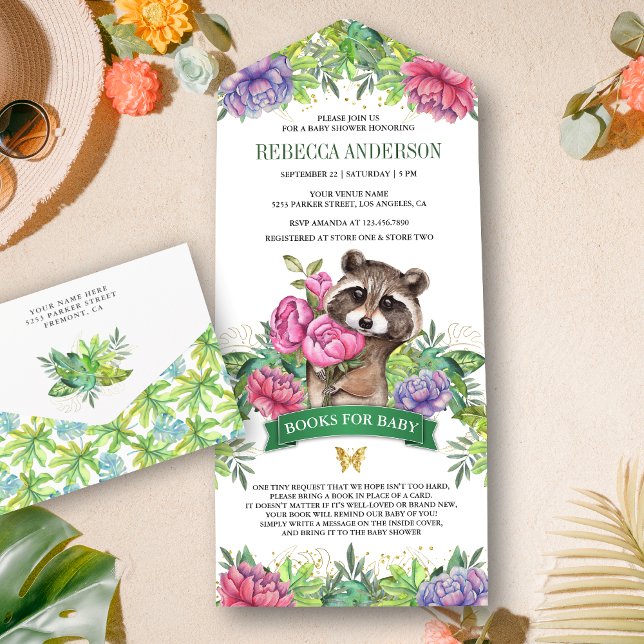 Tropical Forest Cute Floral Racoon Baby Shower All In One Invitation (Creator Uploaded)